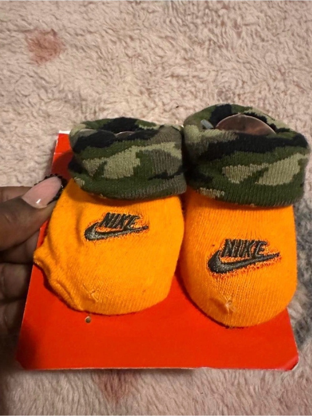 Nike Orange and Green Camo Baby Booties